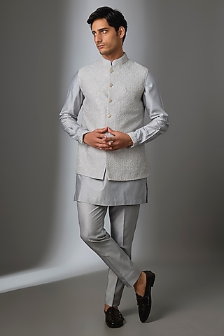 Grey Silk Chanderi Thread Embroidered Nehru Jacket Set by SALIL BHATIA