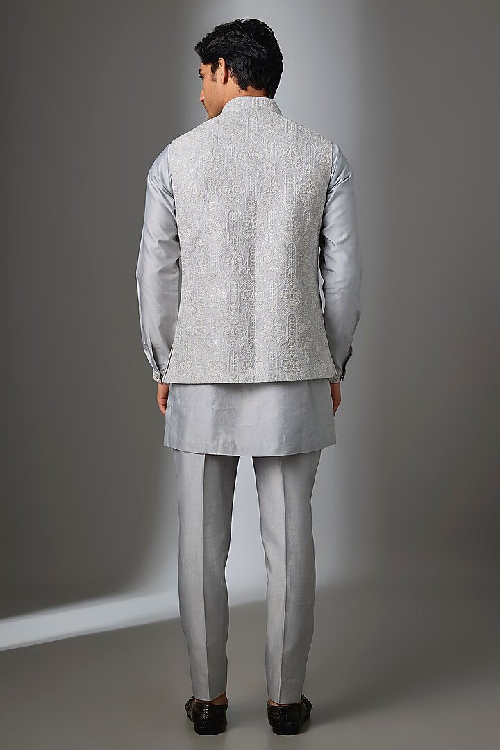Grey Silk Chanderi Thread Embroidered Nehru Jacket Set by SALIL BHATIA at Pernia's Pop Up Shop