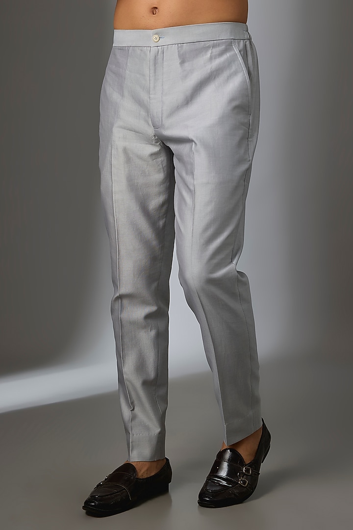 Grey Silk Chanderi Thread Embroidered Nehru Jacket Set by SALIL BHATIA at Pernia's Pop Up Shop