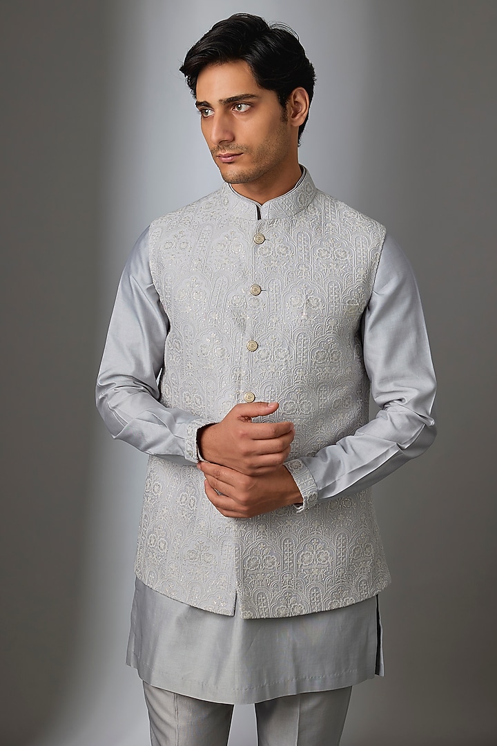 Grey Silk Chanderi Thread Embroidered Nehru Jacket Set by SALIL BHATIA at Pernia's Pop Up Shop