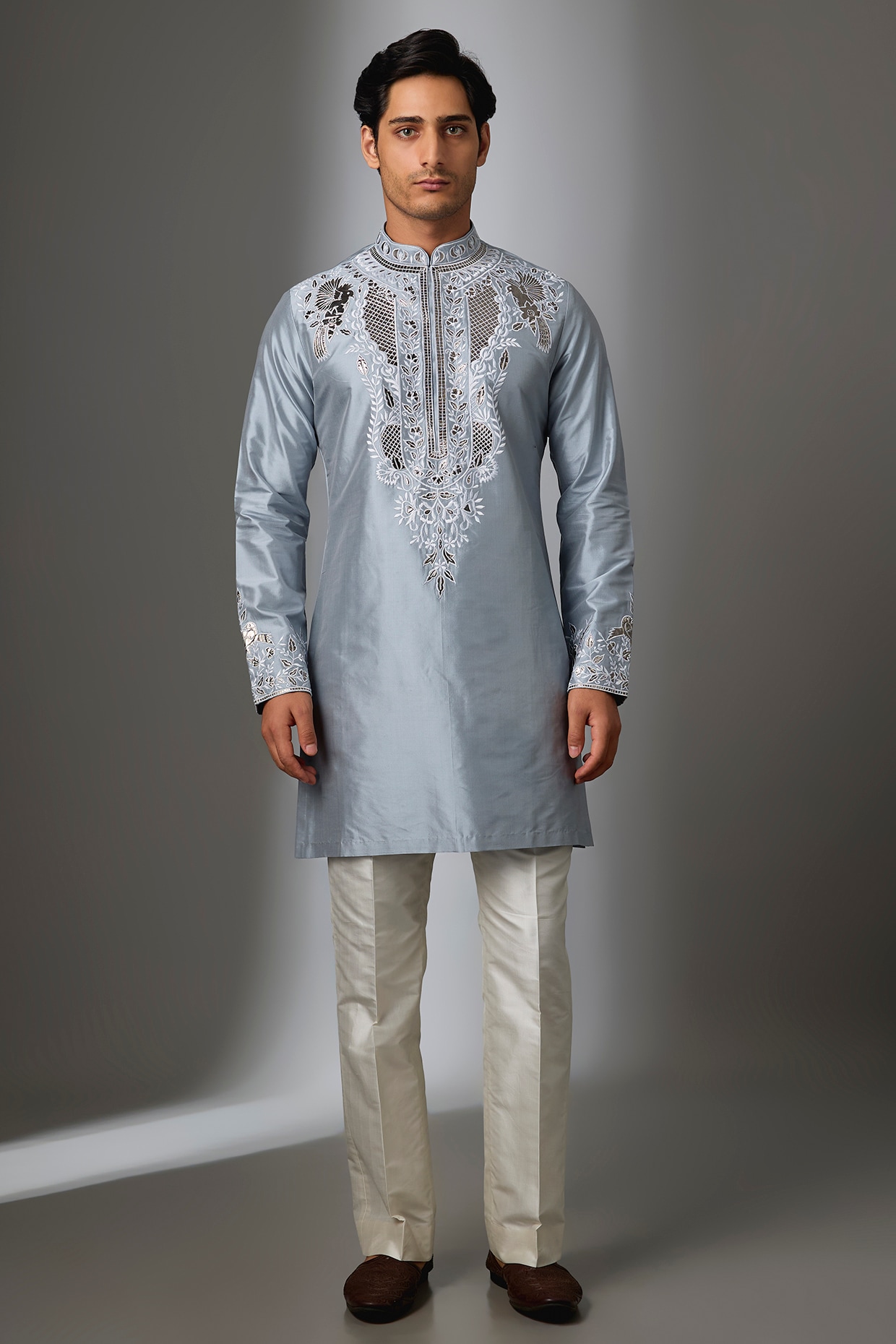 SALIL BHATIA Ice Blue Silk Thread Embroidered Kurta Set
