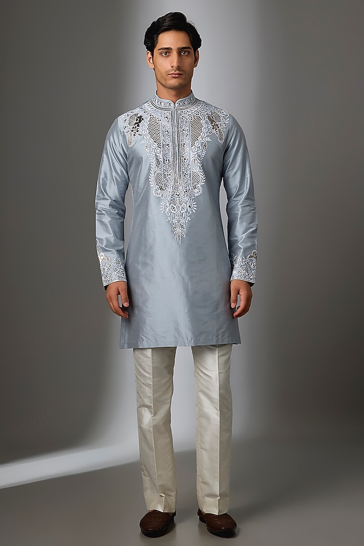Ice Blue Silk Thread Embroidered Kurta Set by SALIL BHATIA at Pernia's Pop Up Shop
