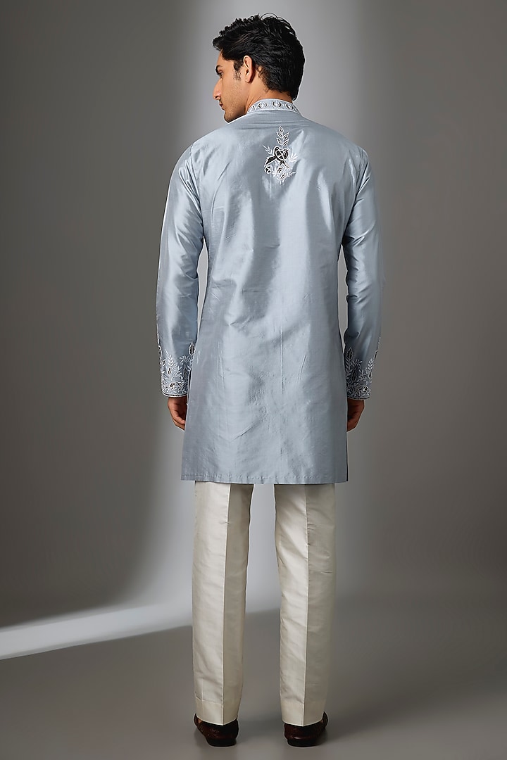 Ice Blue Silk Thread Embroidered Kurta Set by SALIL BHATIA at Pernia's Pop Up Shop