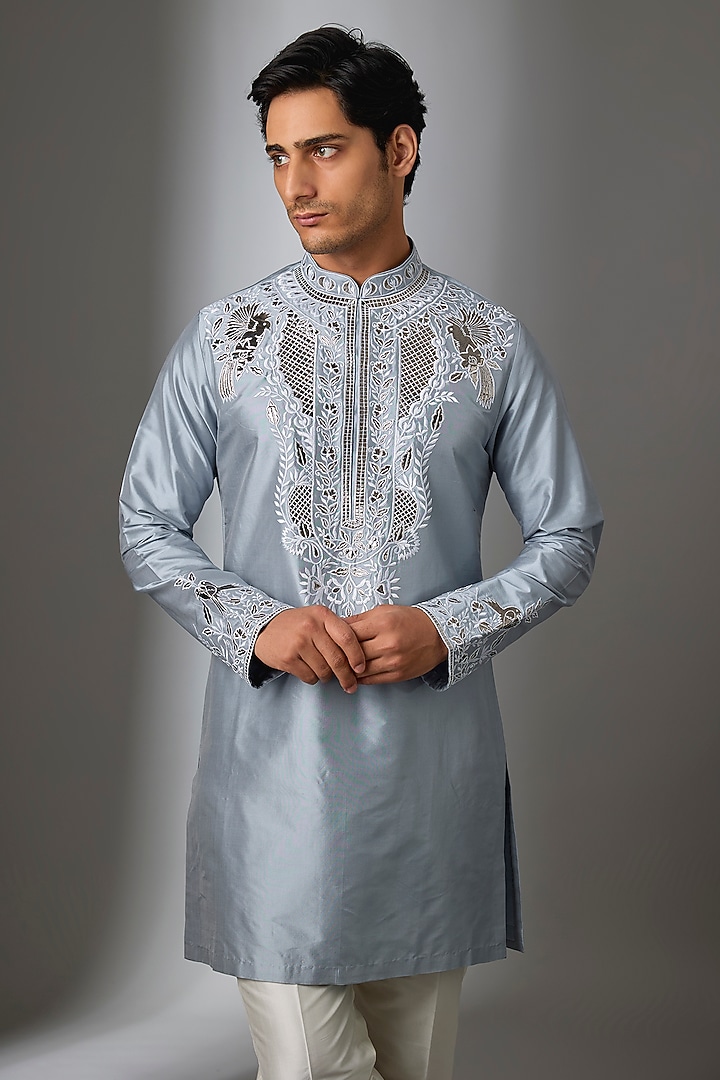Ice Blue Silk Thread Embroidered Kurta Set by SALIL BHATIA at Pernia's Pop Up Shop