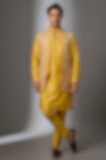 Yellow Silk Thread Embellished Long Jacket Kurta Set by SALIL BHATIA at Pernia's Pop Up Shop