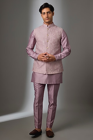 Mauve Silk Chanderi Thread Embroidered Nehru Jacket Set by SALIL BHATIA