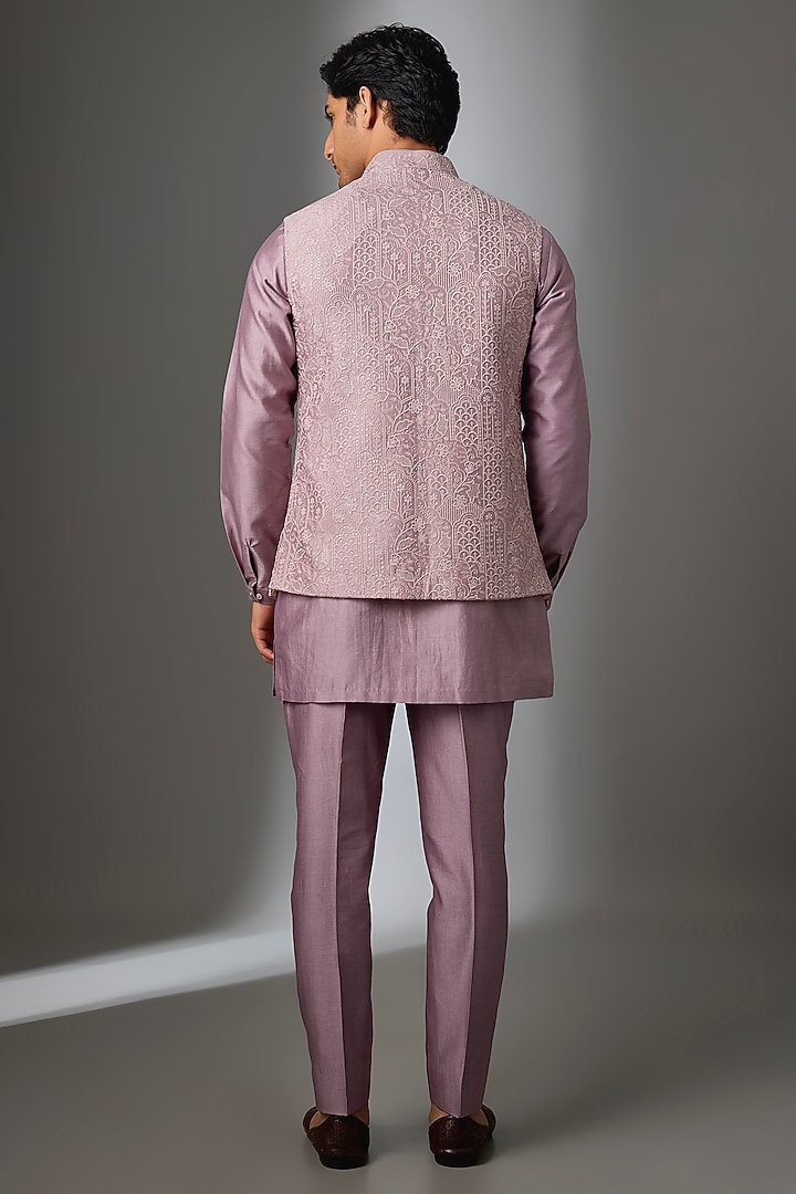 Mauve Silk Chanderi Thread Embroidered Nehru Jacket Set by SALIL BHATIA at Pernia's Pop Up Shop
