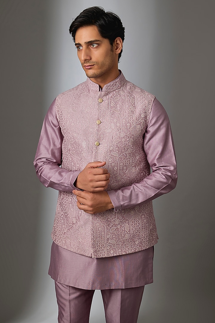 Mauve Silk Chanderi Thread Embroidered Nehru Jacket Set by SALIL BHATIA at Pernia's Pop Up Shop