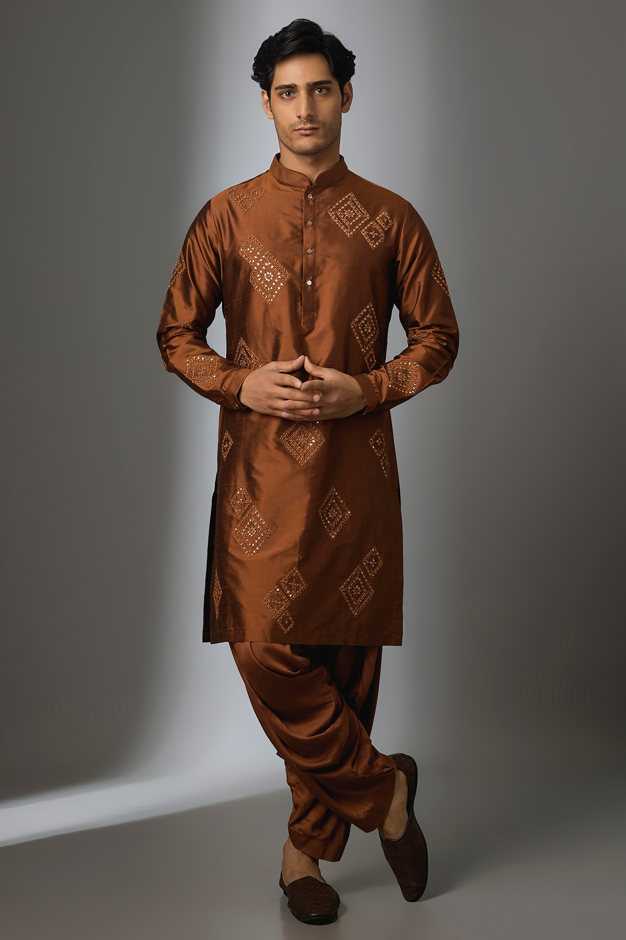 SALIL BHATIA Rust Silk & Modal Satin Thread Embroidered Kurta Set