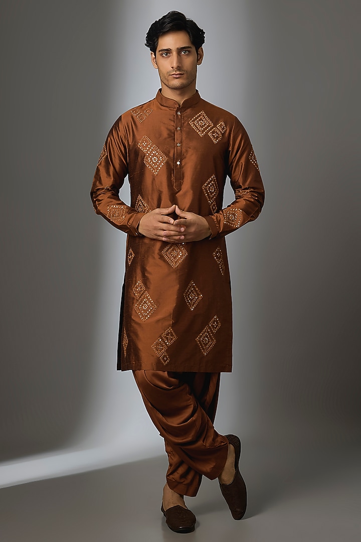 Rust Silk & Modal Satin Thread Embroidered Kurta Set by SALIL BHATIA at Pernia's Pop Up Shop