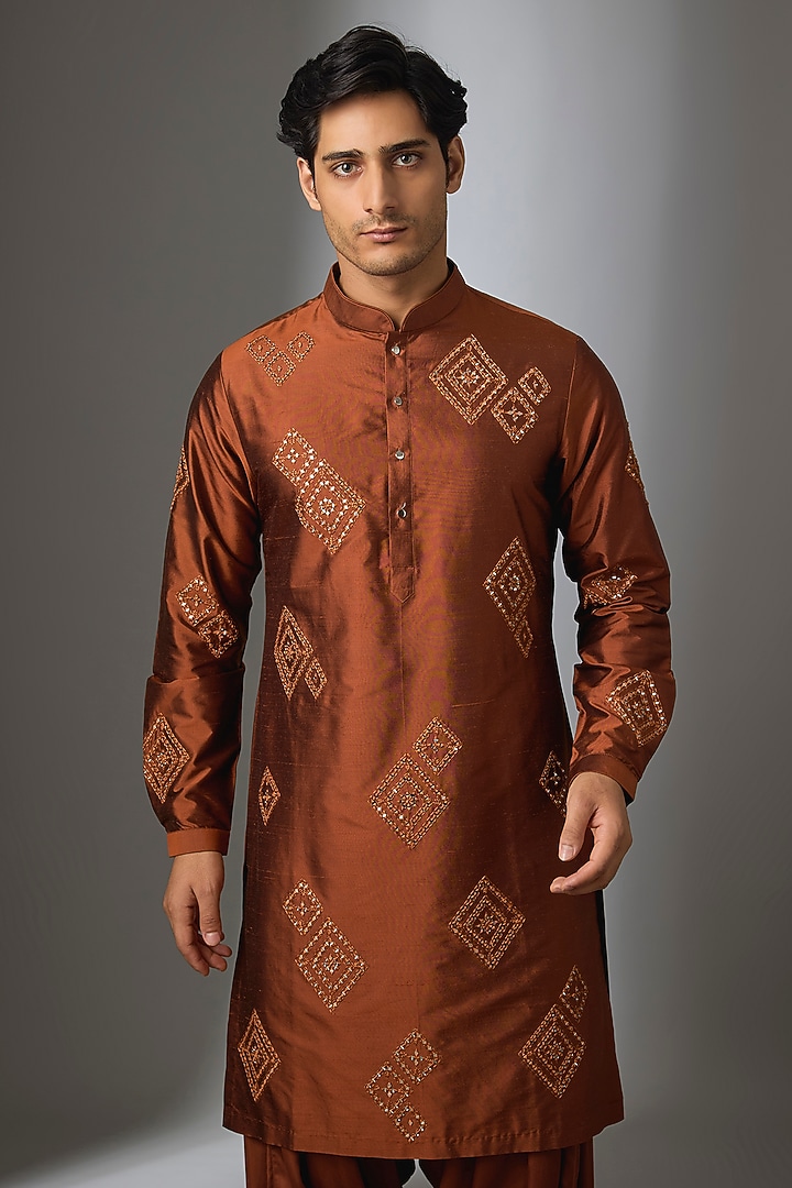 Rust Silk & Modal Satin Thread Embroidered Kurta Set by SALIL BHATIA at Pernia's Pop Up Shop