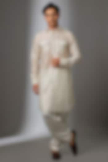 Ivory Chanderi & Modal Satin Embroidered Pathani Kurta Set by SALIL BHATIA at Pernia's Pop Up Shop