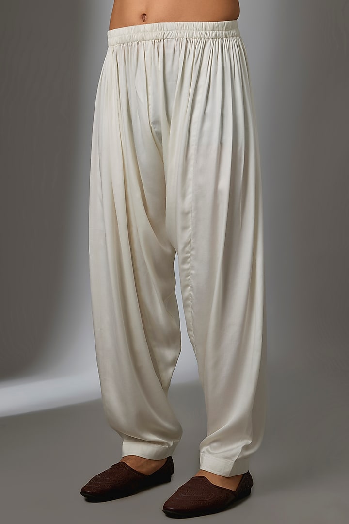 Ivory Chanderi & Modal Satin Embroidered Pathani Kurta Set by SALIL BHATIA at Pernia's Pop Up Shop