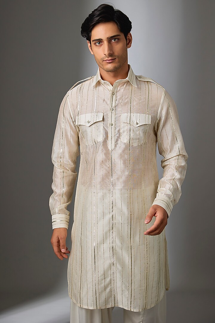 Ivory Chanderi & Modal Satin Embroidered Pathani Kurta Set by SALIL BHATIA at Pernia's Pop Up Shop