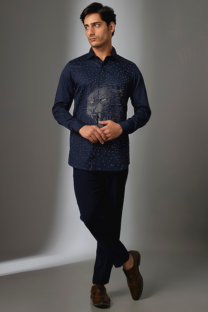 Blue Giza Cotton Jaguar Motif Embellished Party Wear Shirt by SALIL BHATIA at Pernia's Pop Up Shop