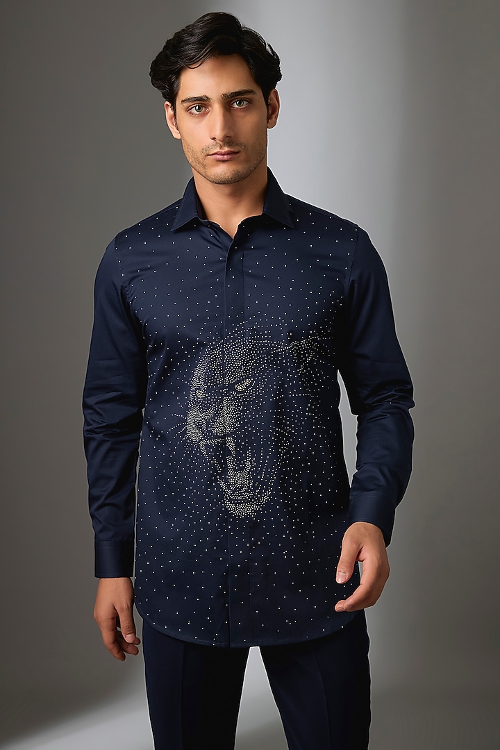 Blue Giza Cotton Jaguar Motif Embellished Party Wear Shirt by SALIL BHATIA at Pernia's Pop Up Shop
