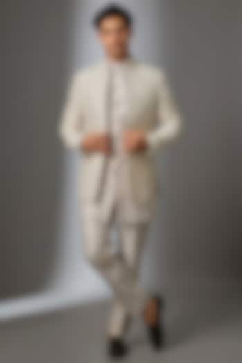 Beige Silk Chanderi Thread Embellished Wedding Indowestern Set by SALIL BHATIA at Pernia's Pop Up Shop