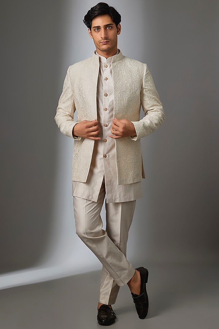 Beige Silk Chanderi Thread Embellished Wedding Indowestern Set by SALIL BHATIA at Pernia's Pop Up Shop