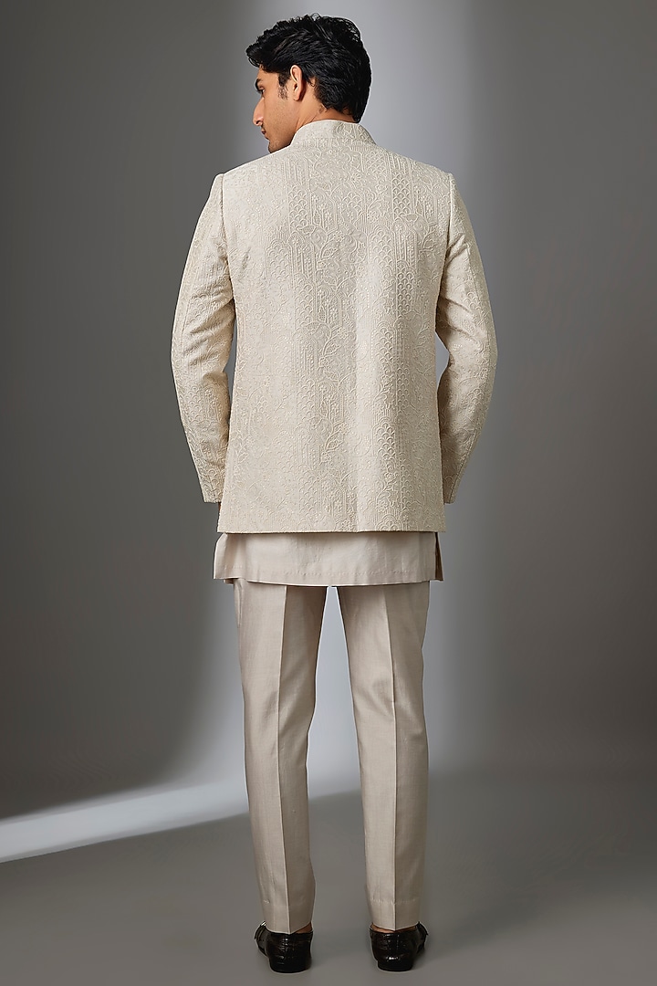 Beige Silk Chanderi Thread Embellished Wedding Indowestern Set by SALIL BHATIA at Pernia's Pop Up Shop