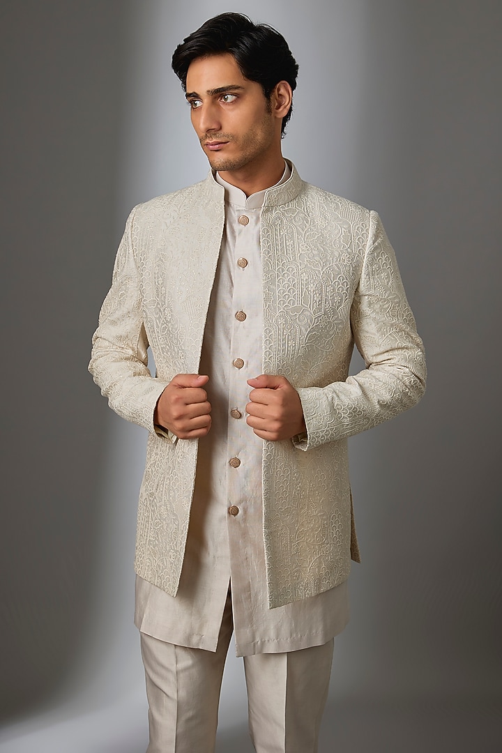 Beige Silk Chanderi Thread Embellished Wedding Indowestern Set by SALIL BHATIA at Pernia's Pop Up Shop