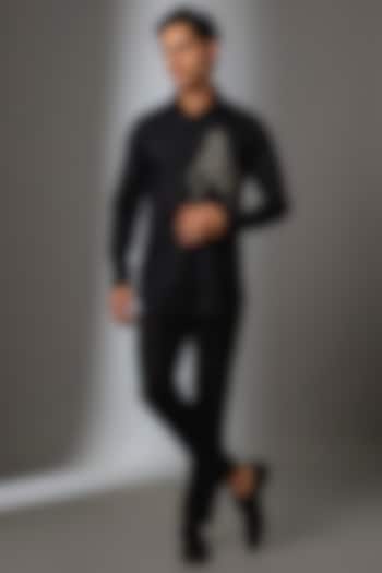 Black Giza Cotton Stallion Embellished Party Wear Shirt by SALIL BHATIA at Pernia's Pop Up Shop