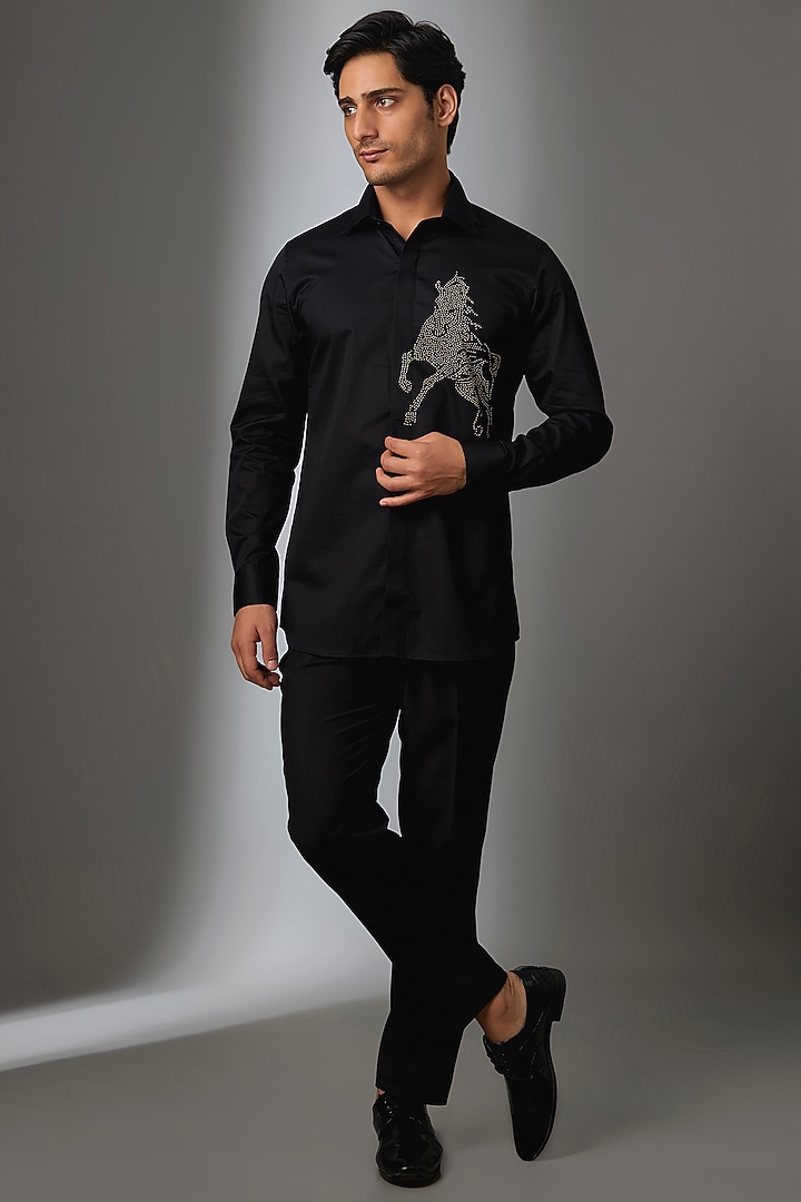 Black Giza Cotton Stallion Embellished Party Wear Shirt by SALIL BHATIA at Pernia's Pop Up Shop