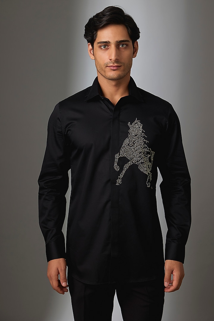 Black Giza Cotton Stallion Embellished Party Wear Shirt by SALIL BHATIA at Pernia's Pop Up Shop