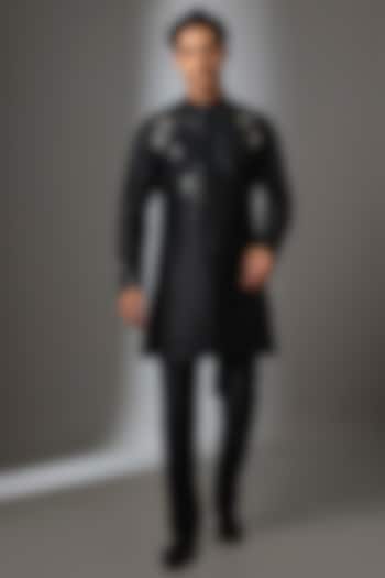 Black Silk Thread Embroidered Kurta Set by SALIL BHATIA at Pernia's Pop Up Shop
