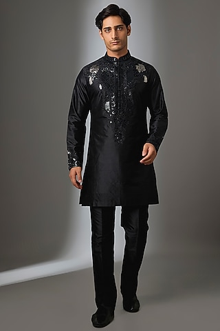Black Silk Thread Embroidered Kurta Set by SALIL BHATIA