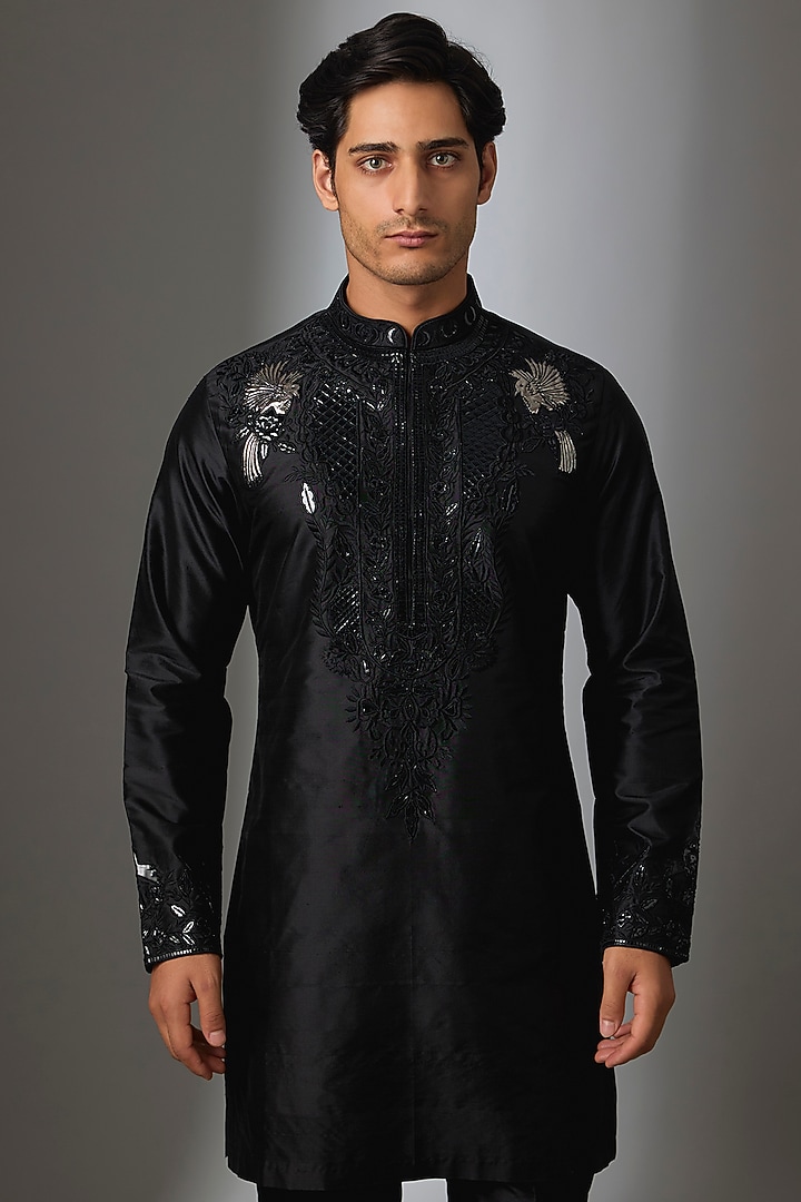 Black Silk Thread Embroidered Kurta Set by SALIL BHATIA at Pernia's Pop Up Shop