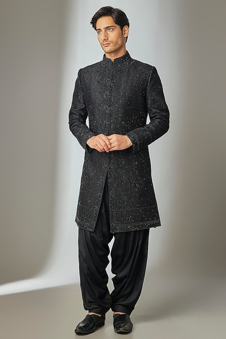 Black Raw Silk Hand Embroidered Indo Western Set by SALIL BHATIA at Pernia's Pop Up Shop