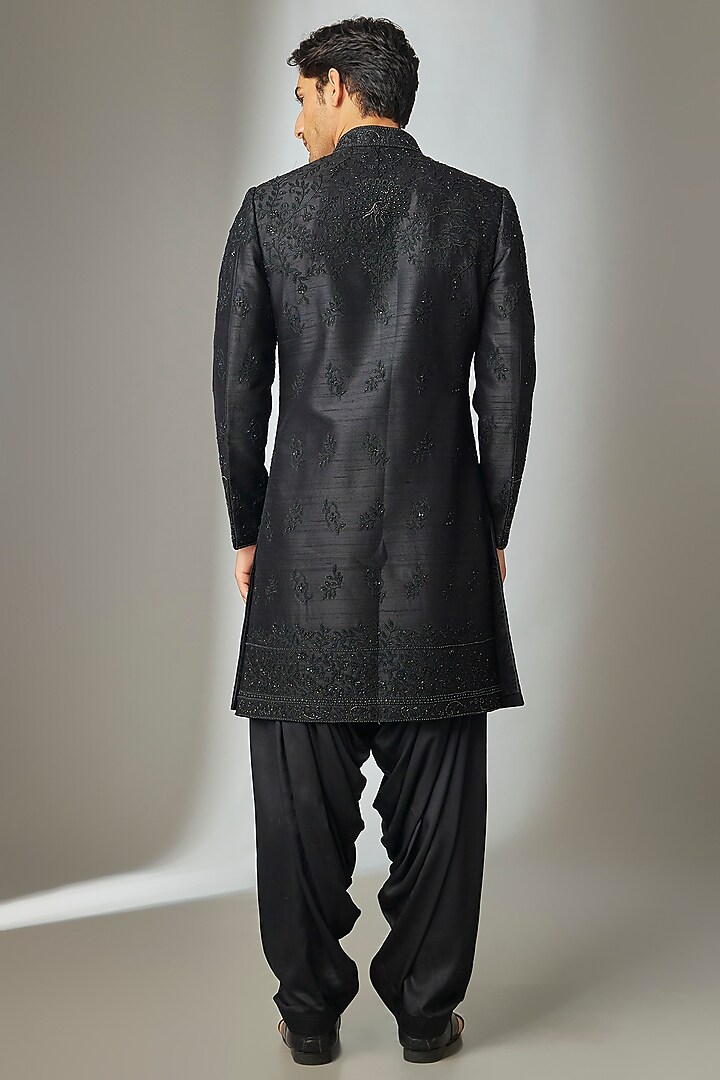 Black Raw Silk Hand Embroidered Indo Western Set by SALIL BHATIA at Pernia's Pop Up Shop