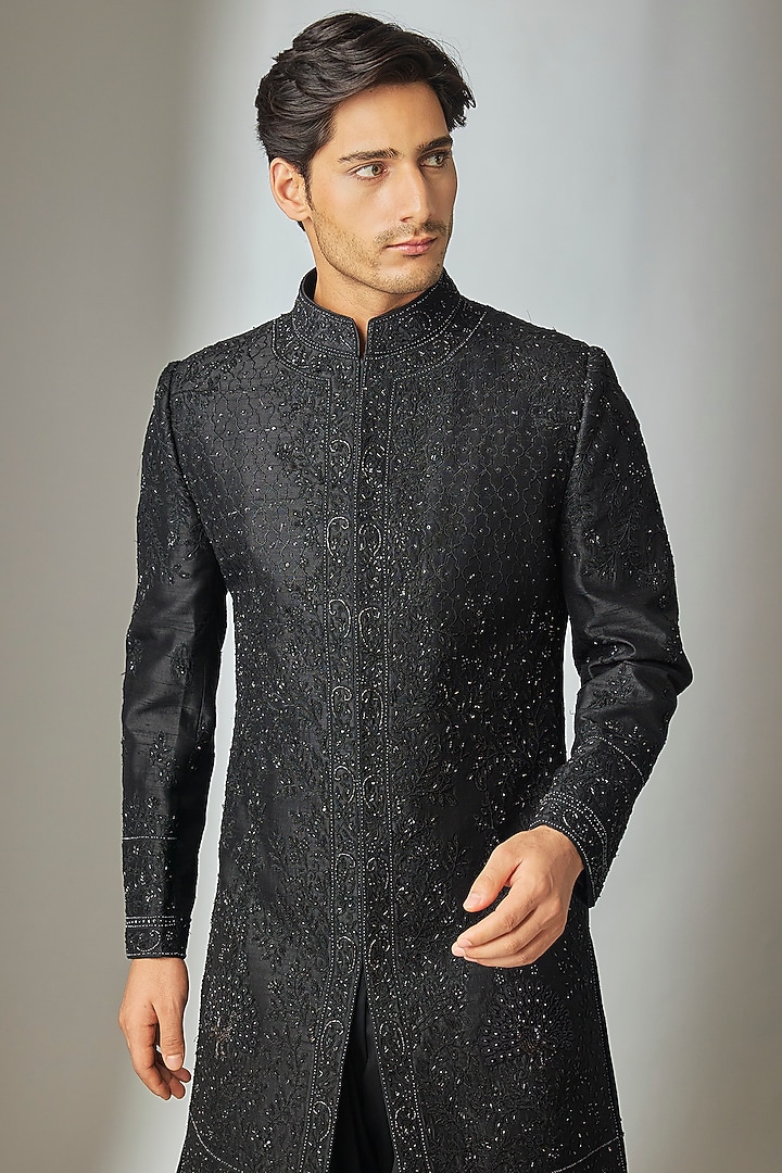 Black Raw Silk Hand Embroidered Indo Western Set by SALIL BHATIA at Pernia's Pop Up Shop