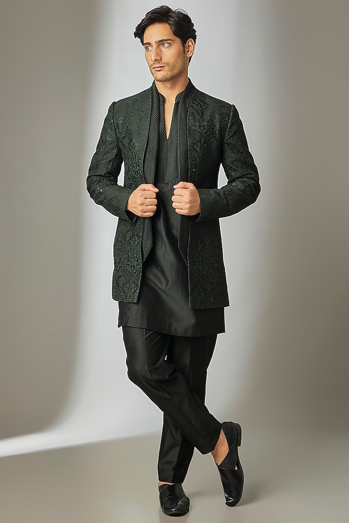 Dark Green Silk Chanderi Thread Embellished Wedding Indowestern Set by SALIL BHATIA at Pernia's Pop Up Shop