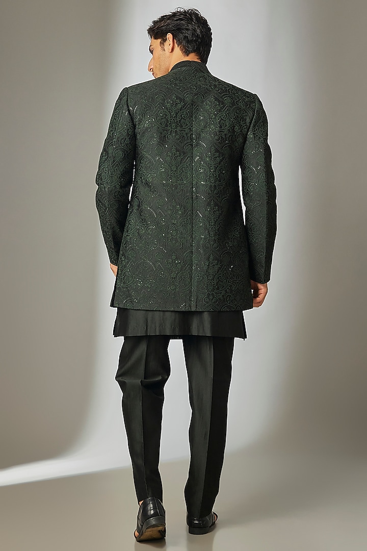 Dark Green Silk Chanderi Thread Embellished Wedding Indowestern Set by SALIL BHATIA at Pernia's Pop Up Shop
