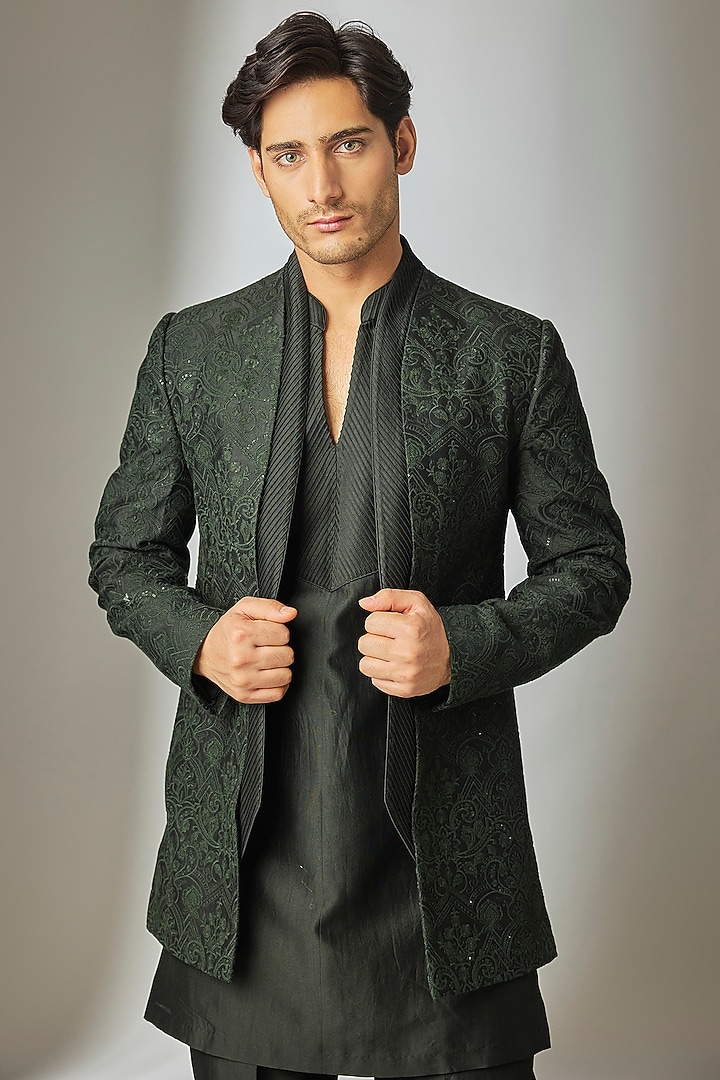 Dark Green Silk Chanderi Thread Embellished Wedding Indowestern Set by SALIL BHATIA at Pernia's Pop Up Shop