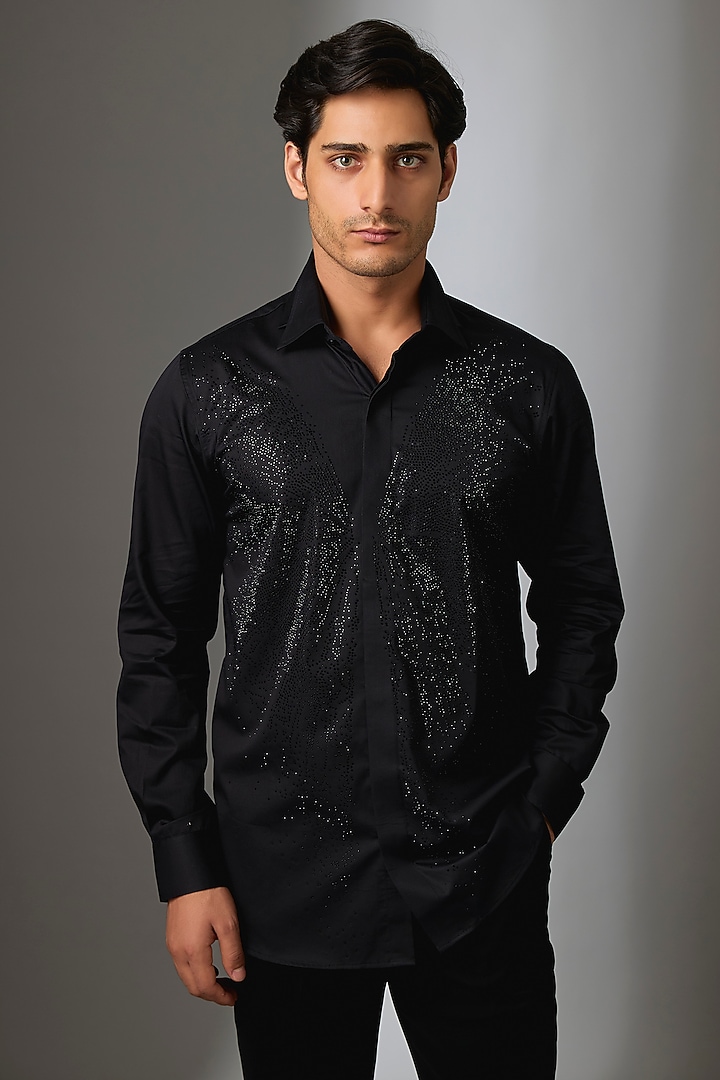 Black Giza Cotton Butterfly Motif Embellished Party Wear Shirt by SALIL BHATIA at Pernia's Pop Up Shop