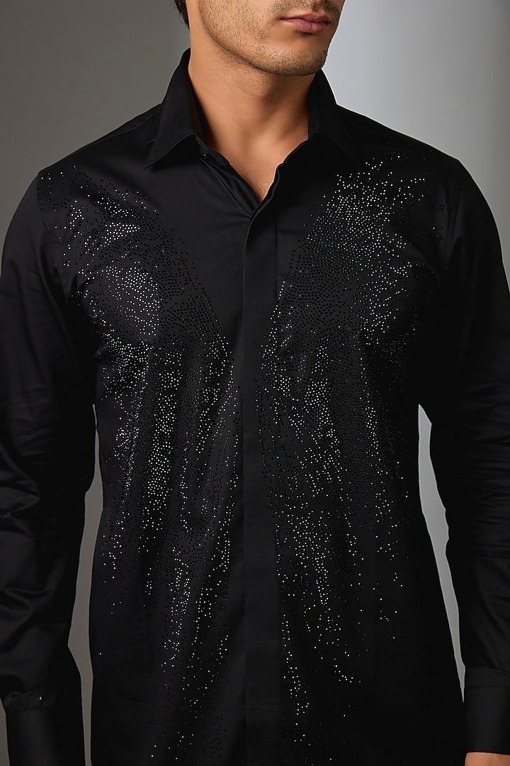 Black Giza Cotton Butterfly Motif Embellished Party Wear Shirt by SALIL BHATIA at Pernia's Pop Up Shop