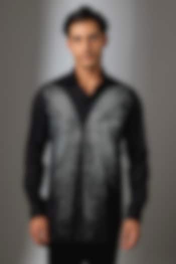 Black Giza Cotton Butterfly Motif Embellished Party Wear Shirt by SALIL BHATIA at Pernia's Pop Up Shop