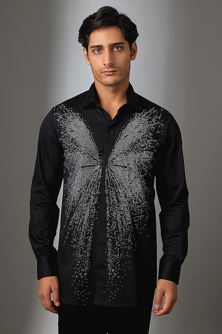 Black Giza Cotton Butterfly Motif Embellished Party Wear Shirt by SALIL BHATIA at Pernia's Pop Up Shop