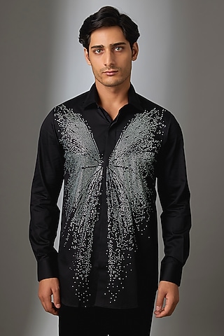 Black Giza Cotton Butterfly Motif Embellished Shirt by SALIL BHATIA