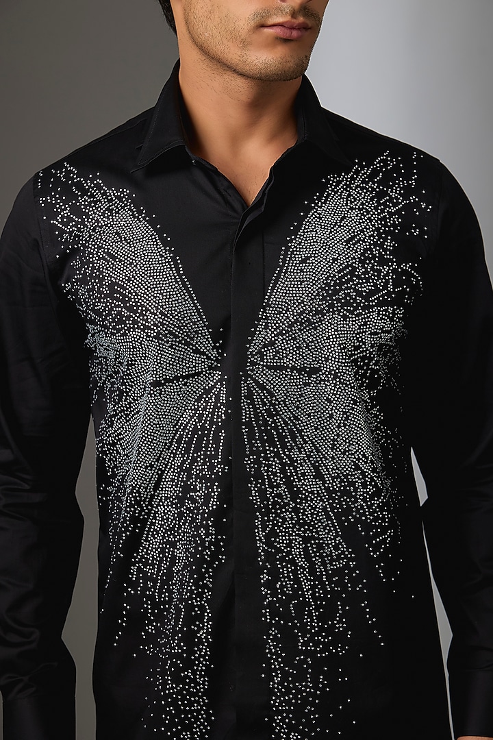 Black Giza Cotton Butterfly Motif Embellished Party Wear Shirt by SALIL BHATIA at Pernia's Pop Up Shop