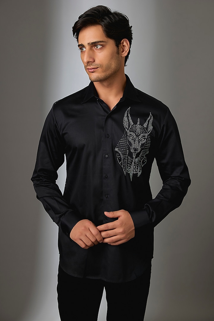 Black Giza Cotton Guardian of Tombs Embellished Party Wear Shirt by SALIL BHATIA at Pernia's Pop Up Shop
