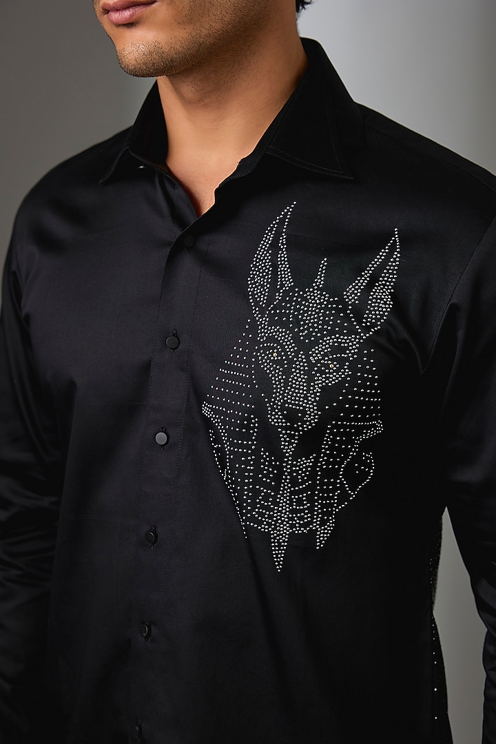 Black Giza Cotton Guardian of Tombs Embellished Party Wear Shirt by SALIL BHATIA at Pernia's Pop Up Shop