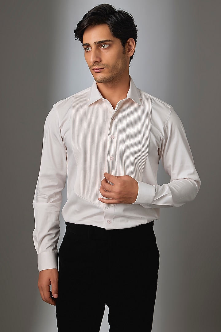 Ivory Giza Cotton Pintuck Tuxedo Wedding Shirt by SALIL BHATIA at Pernia's Pop Up Shop