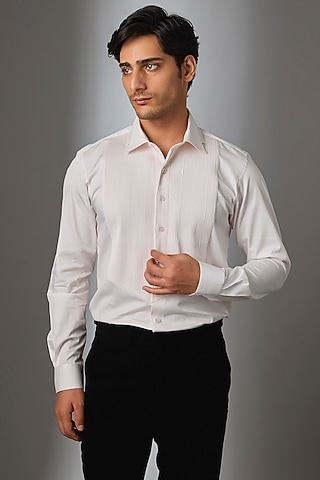 Baby Pink Giza Cotton Pintuck Tuxedo Shirt  by SALIL BHATIA