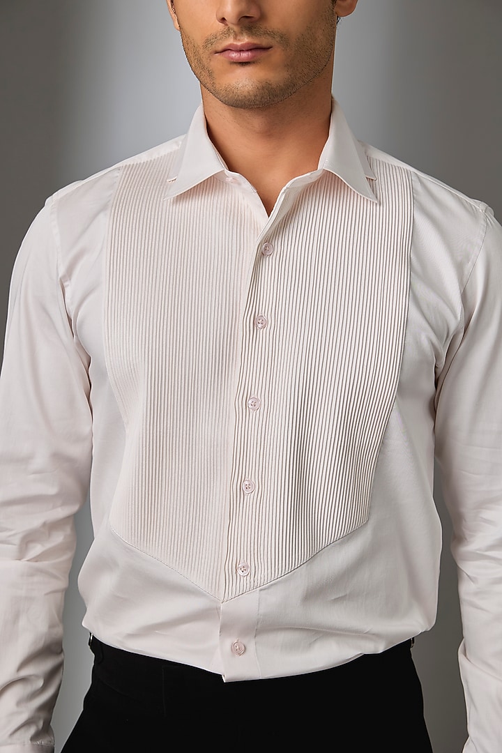 Baby Pink Giza Cotton Pintuck Tuxedo Wedding Shirt by SALIL BHATIA at Pernia's Pop Up Shop