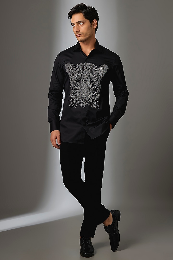 Black Giza Cotton White Tiger Embellished Party Wear Shirt by SALIL BHATIA at Pernia's Pop Up Shop