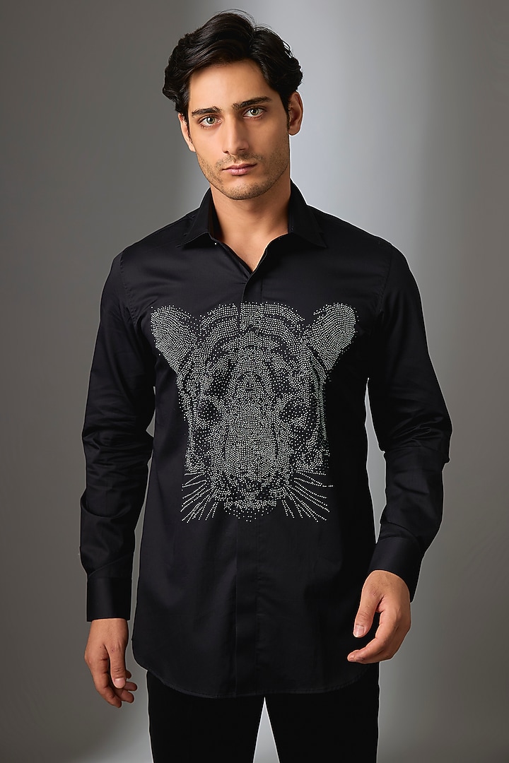 Black Giza Cotton White Tiger Embellished Party Wear Shirt by SALIL BHATIA at Pernia's Pop Up Shop