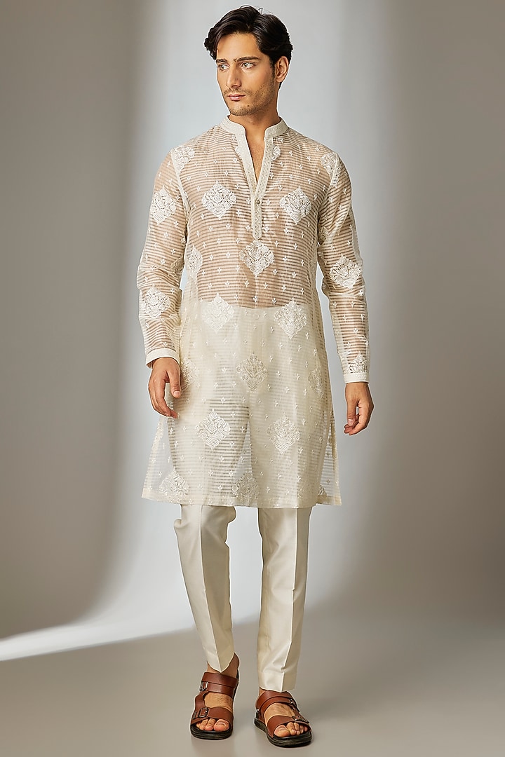 Ivory Chanderi Threadwork Sheer Kurta Set by SALIL BHATIA at Pernia's Pop Up Shop